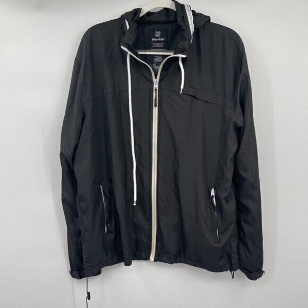 Wantdo Mens Jacket Large Black Windbreaker Casual Hooded Long Sleeves Preppy